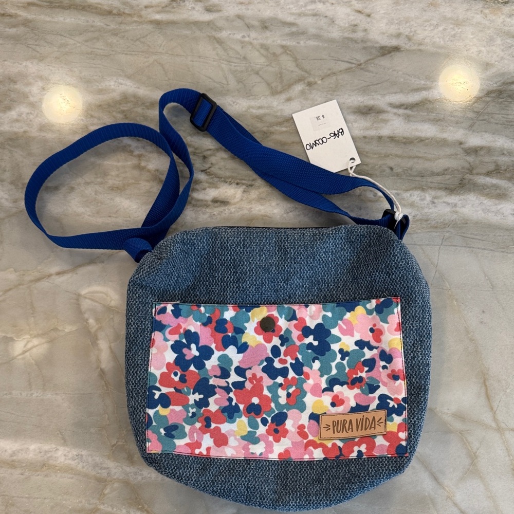 Pura Vida Denim Blue Crossbody with Floral Front Pocket